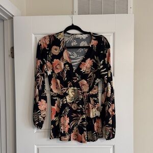 Monteau Black Floral Wrap Top with Peach and Cream Blooms